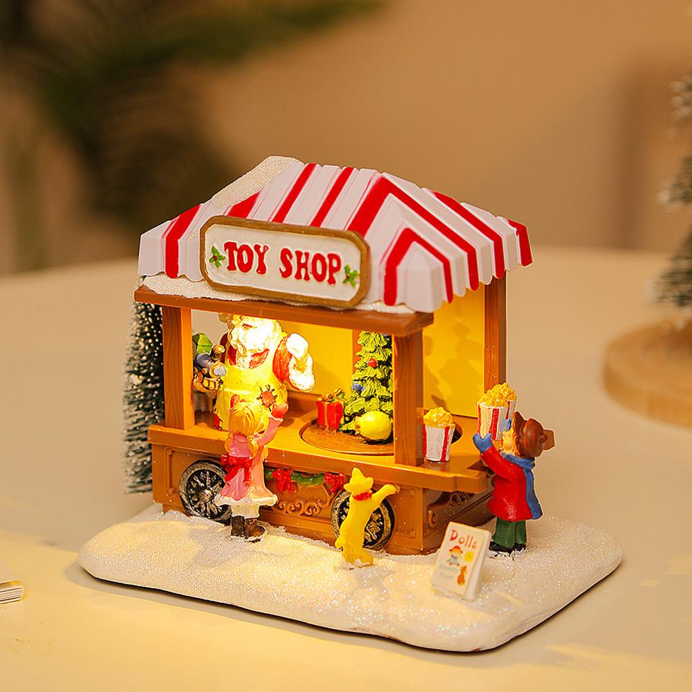 LED Christmas Music Popcorn House Lighted with Christmas Tree Resin Christmas Commissary Figurine Ornaments Xmas Decor and Gifts
