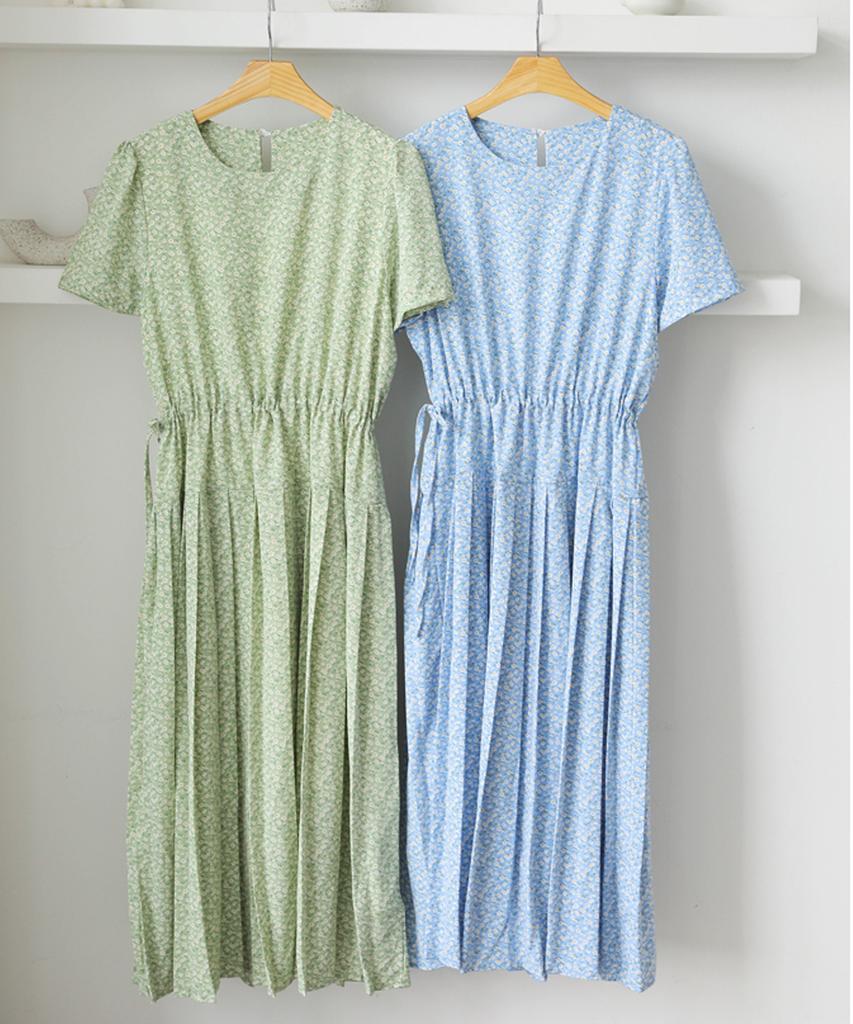 Ppaeppae Round Neck Floral Elastic Waist Pleated Short Sleeve Long Dress