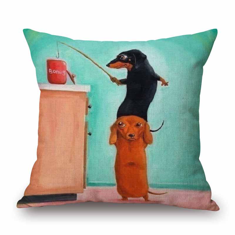 Fundas de Cojín para Perro Dachshund Pintura de Perro Salchicha Algodón Lino Fundas de Almohada Decorativas Dormitorio Sofá Decoración del Hogar 45X45cm