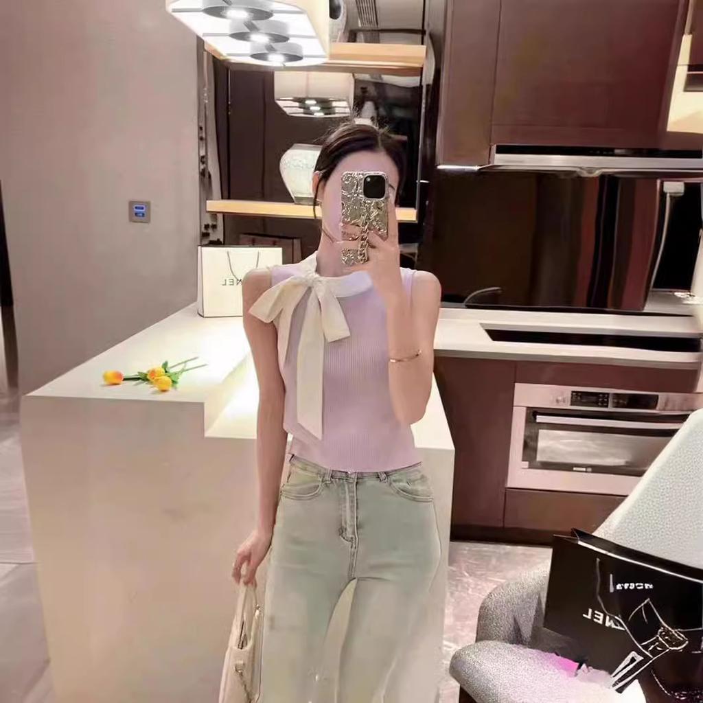 Summer Women Sleeveless Lace-up Collar Solid Knitted Sweater Tops