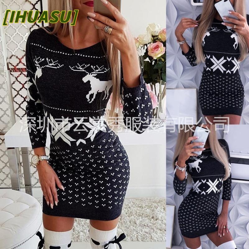 IHUASU Fashion Autumn Winter Long Sleeve O-Neck Casual Dresses
