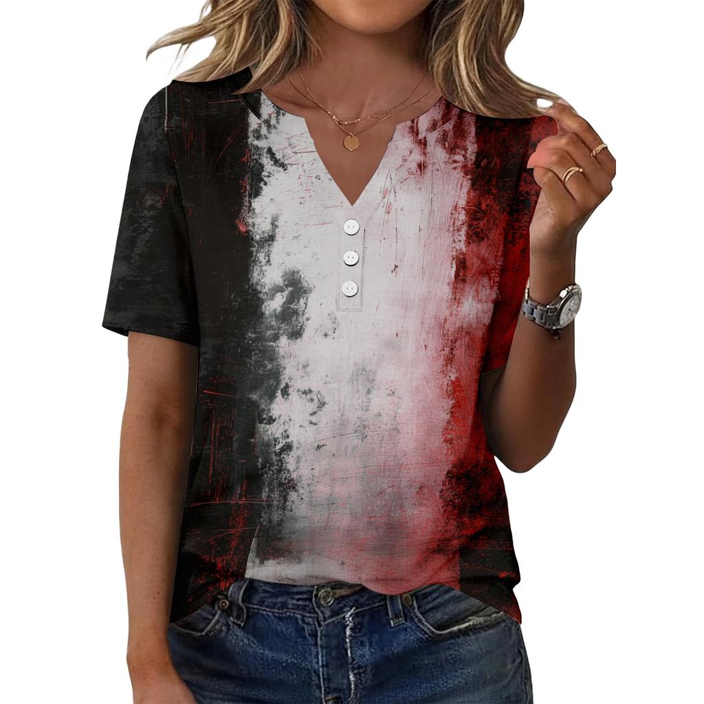 Women's Casual Short Sleeve V Neck T Shirt with Decorative Buttons Halloween Print Relaxed Fit Top for Everyday Wear