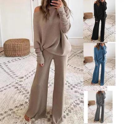 Womens Solid Color Knit Set With Batwing Sleeve Top High-Waist Wide-Leg Pants Fall Winter