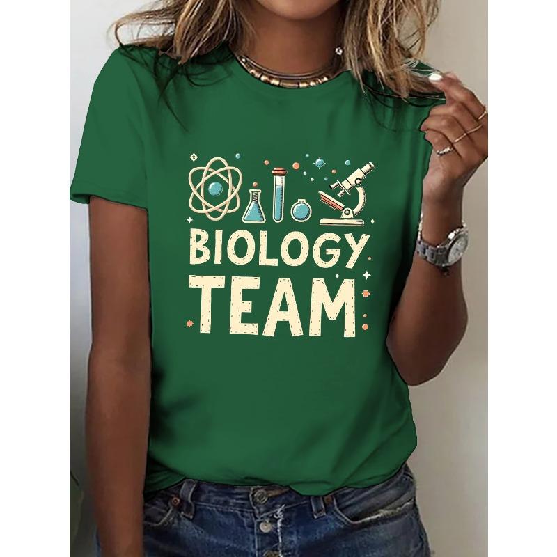 Short-Sleeve Crew Neck Casual Top Featuring A Microscope and Biology Team Theme, Perfect for Summer and Spring, Designed for Women
