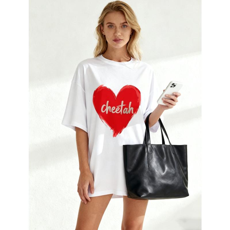 Black Oversized T Shirt With Red Heart Cheetah Print For Casual Wear And Street Style