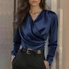 Women's Dark Gray Satin Long Sleeve V Neck Top with Side Pleat and Three Buttons