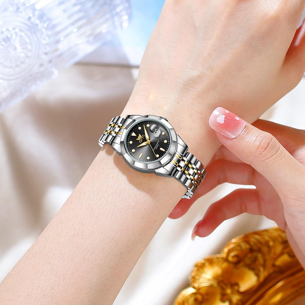 OPK Quartz and Date Luminous Stainless Steel Black and Gold Women's Watch, Fashionable, Popular, Casual, Gorgeous, Lightweight, Easy-to-Read, Display,