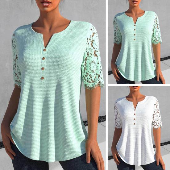

Женский летний топ V с вырезом кружева полая пуговица декор с короткими рукавами платье свободный трикотаж для женщин топ женская одежда