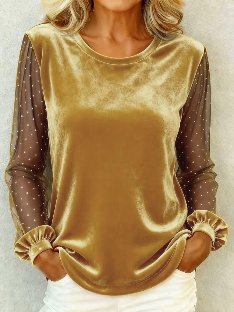 Elegant European & American Women's Lace Patchwork Velvet Long Sleeve T-Shirt