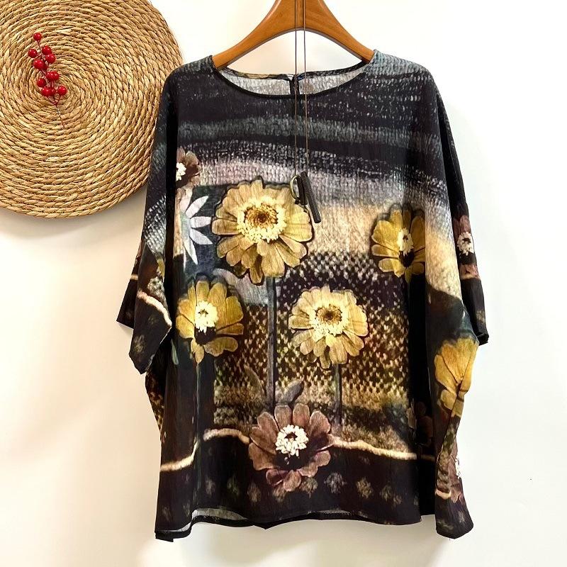 Letnia bawełniana lniana bluzka w stylu etnicznym z luźnym dużym rozmiarem, z okrągłym dekoltem, damska koszulka z krótkim rękawem