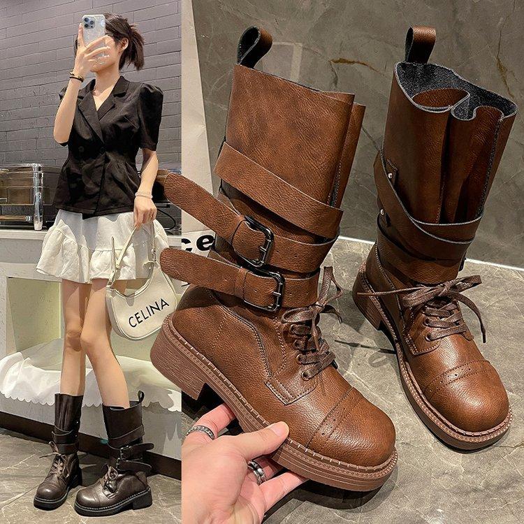 Cowhide version! Second generation war damage boots~ old buckle western cowboy boots locomotive desert short boots women's Martin boots