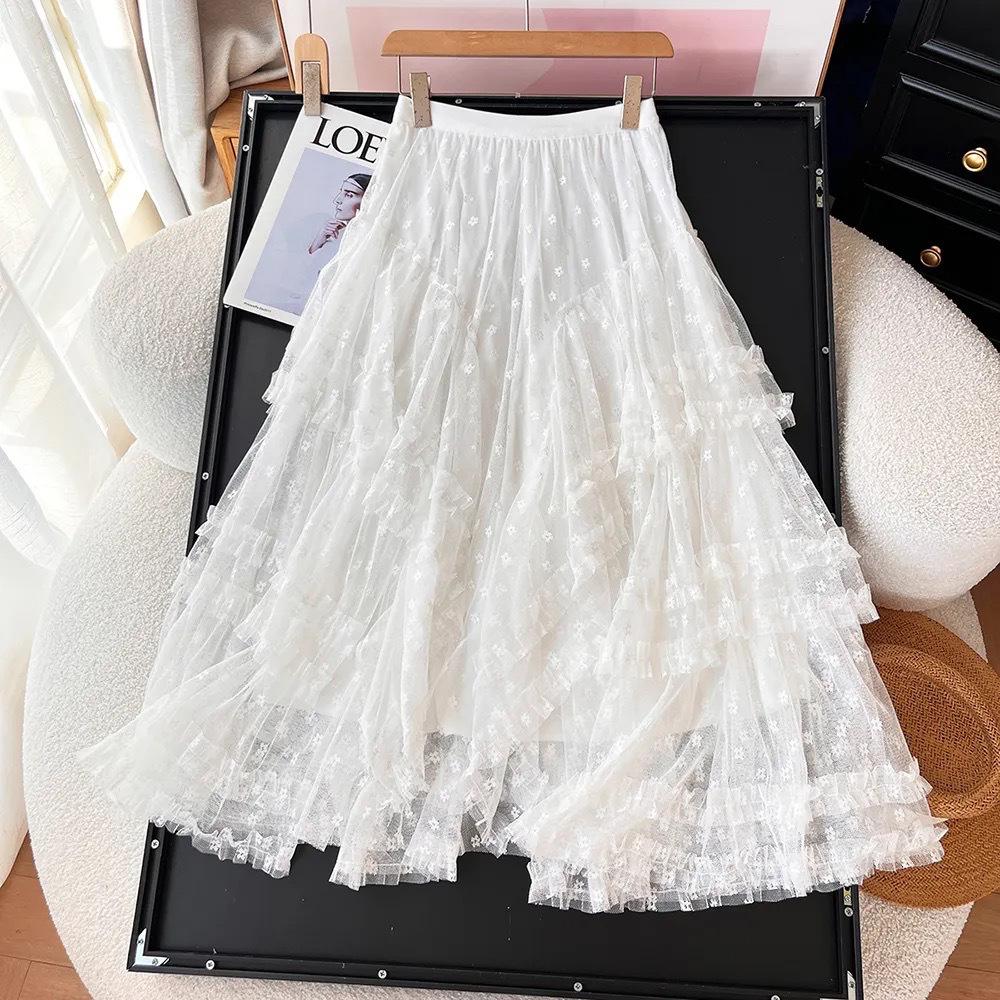 Gentle wind heavy craft lace splicing irregular mesh tutu skirt white lace cake skirt long skirt skirt skirt One size fits all белый