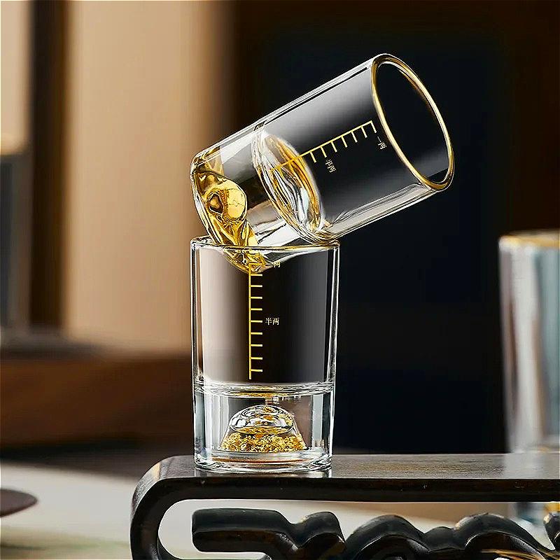 2pcs Sets Luxury Cocktail Glass Crystal Gold Foil Glass Cup Golden Mountain Shaped Wine Glass 50ml/100ml High End Spirits Cup
