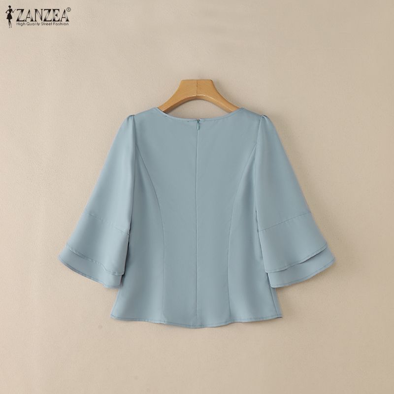 ZANZEA Blusa Elegante Casual para Mujer con Cuello en V, Color Sólido y Mangas 3/4