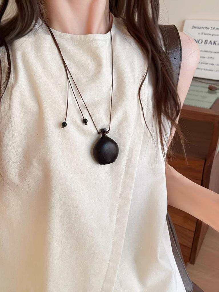 Collana a Perline con Fiaschetta in Legno Naturale Etnica per Donna Catena Lunga Regolabile Gioiello con Ciondolo per Maglione
