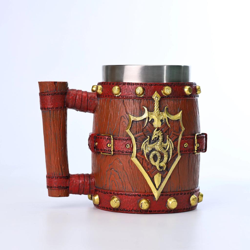 New Viking Imitation Wood Resin Beer Mug Retro Handmade Large-capacity Stainless Steel Liner Wine Glass Beer Jugs Bar Drinkware