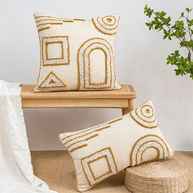 Beige Geometric Embroidery Cushion Cover Boho Ethnic Pillow Cover with Pompom 45x45cm/ 30x50cm Home Decoration Sofa
