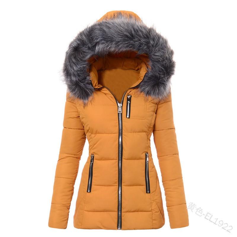 Womens Slim Fit Cotton Padded Jacket With Faux Fur Collar Zipper Warm Winter Coat