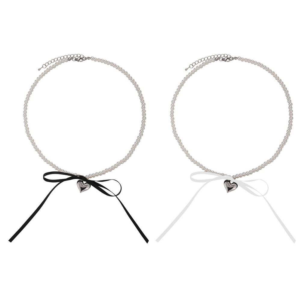 Set of 2 Elegant Necklace Ribbon Bowknot Heart Pendant Neckchain Pearls Beaded Collar Chain for Women Stylish Ornament