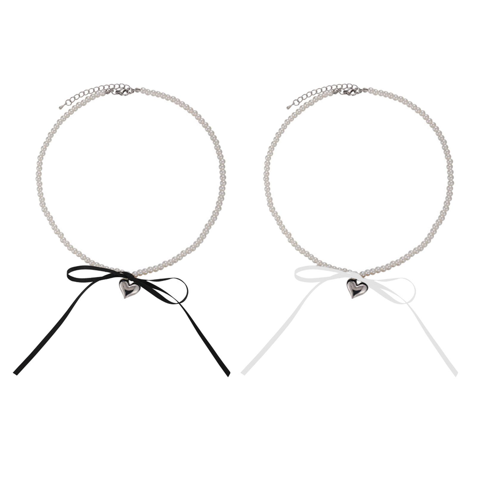

Set of 2 Elegant Necklace Ribbon Bowknot Heart Pendant Neckchain Pearls Beaded Collar Chain for Women Stylish Ornament