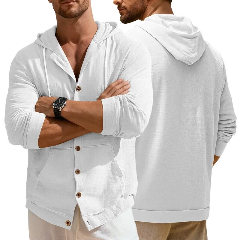 Men's Linen Shirt Solid Streetwear Long Sleeve Hoodie Cardigan Clothing for Men Button Tops Casual Loose Men Hooded Shirt