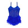 Women Latin Rumba Dance Leotard with Fuzzy Feather Skirt Glitter Rhinestones Sheer Mesh Sling Bodysuit for Tango Cha Cha Stage Performance