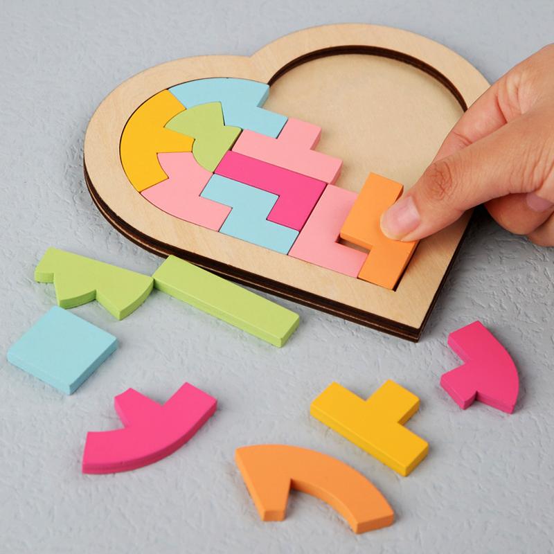 Dětská dřevěná 3D logická hra Barevná Jigsaw Tangram Matematické hračky Tvar srdce Dětské Montessori vzdělávací hračky
