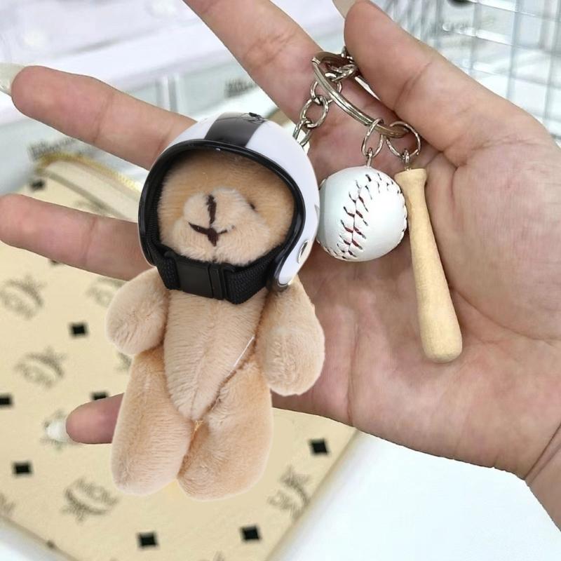 Plush Bear Keychain with Helmets Fashionable Bag Decorative Pendant Creative Soft Stuffed Animal Charm for Backpacks