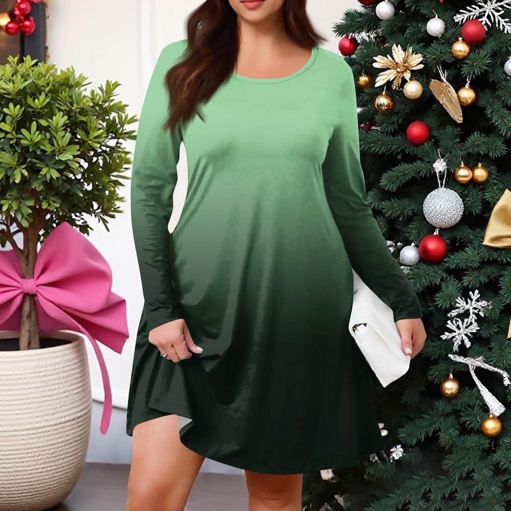 Plus Size Women's Gradient Print Casual Spring/Autumn Pocket Round Neck Long Sleeve Dress