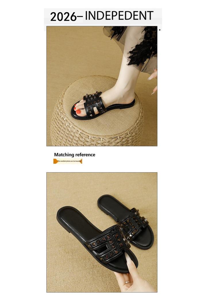 Chic Women's Rivet Slippers: 2025 Summer Fashion, Flat Bottom, Stylish Single Strap for Outdoors & Beach