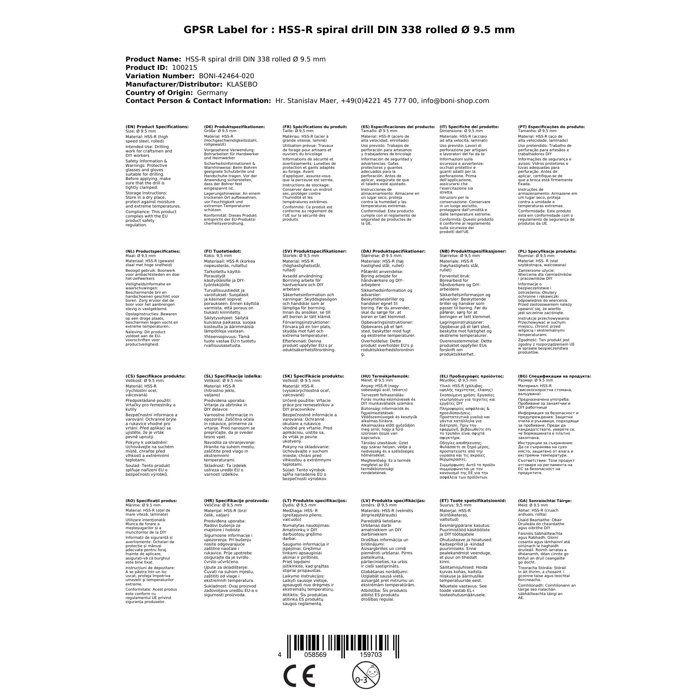 Foret Spirale HSS-R 9.5mm Acier DIN 338 avec Angle 118°