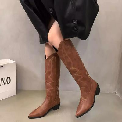 Γυναικείες μπότες Cowgirl Fashion Slip On Γυναικείες Κομψές τετράγωνες μπότες με χαμηλό τακούνι γόνατο Παπούτσια Γυναικεία χειμερινά υποδήματα