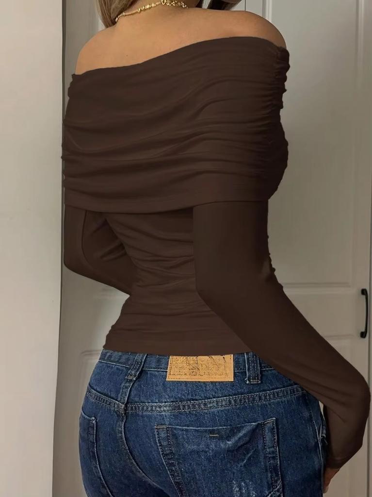 Off Shoulder Knit T-shirt Women Autumn Winter Casual Slim Fit Sweater Solid Color Slim Fit Simple Long Sleeve Tops Fashion Elegant Basic Tee Blouse
