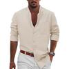 Spring Autumn Top Standing Collar Men's Clothing Solid Color Long Sleeve Button Men's Cotton Linen Shirt
