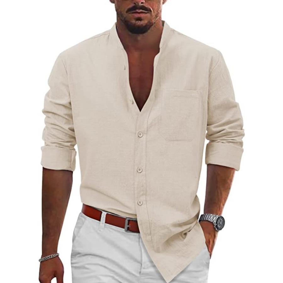 Spring Autumn Top Standing Collar Men's Clothing Solid Color Long Sleeve Button Men's Cotton Linen Shirt
