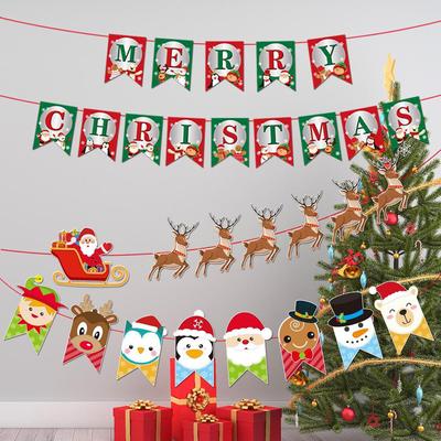 Cartoon Santa and Reindeer Christmas Flag Ornaments for Parties