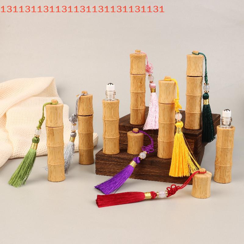 Refillable DIY Perfume Lipgloss Manual Container with Tassel 10ml Bamboo Roll-On Bottle with Steel Roller Ball Empty Tube
