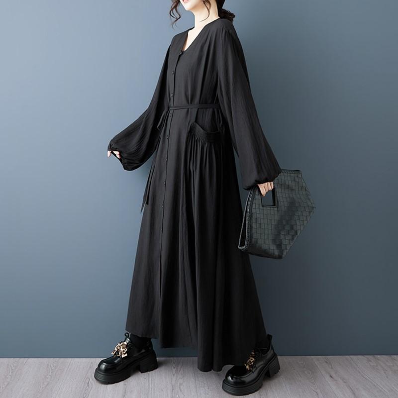Long Sleeve Plus Size Black Vintage New In Dresses for Women Casual Loose Spring Autumn Dress