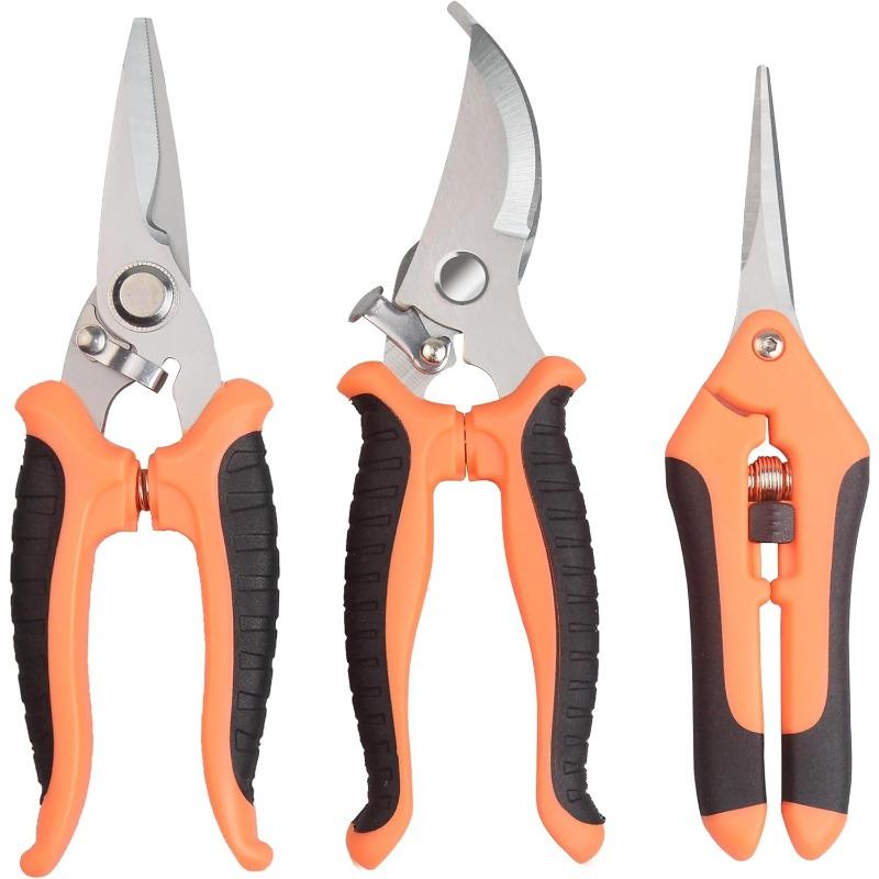 3pcs Garden Pruning Shears Set - Stainless Steel Bypass & Straight Blade for Branch & Fruit Trimming