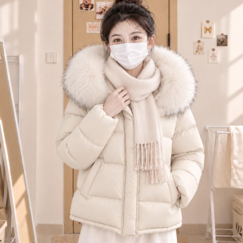 Womens Short Puffer Jacket With Large Raccoon Fur Collar Hooded 90% White Duck Down Winter Coat Small Stature