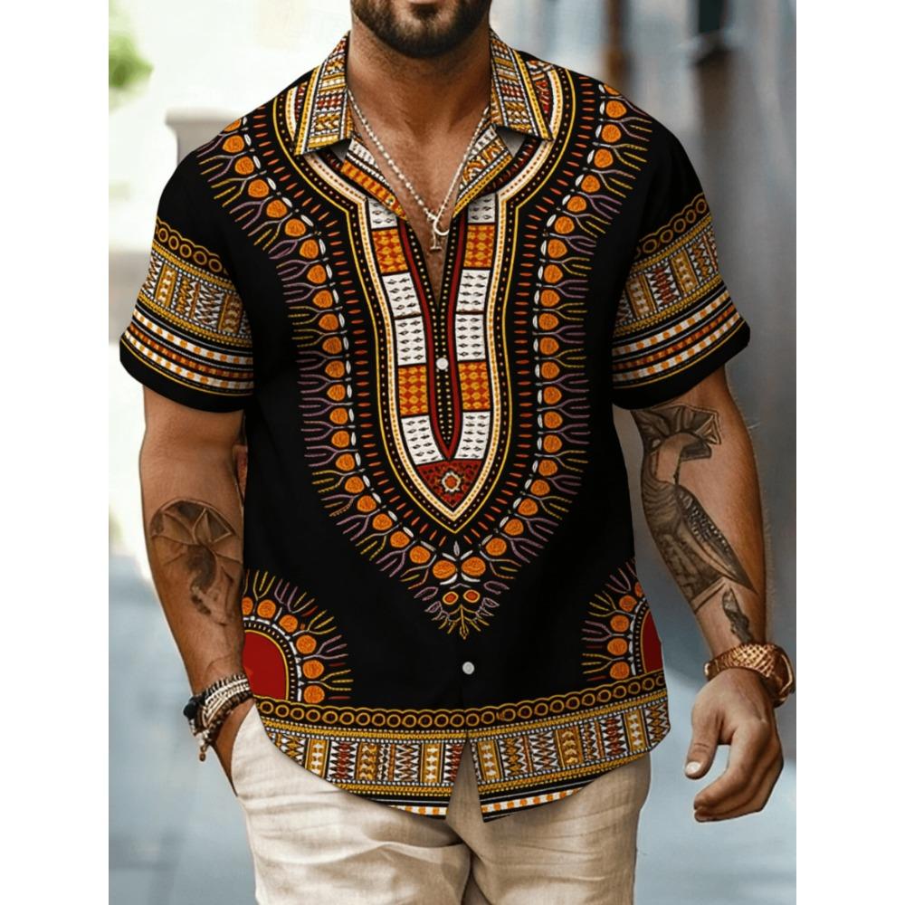 Men's African Tribal Print Short Sleeve Shirt, Geometric Ethnic Pattern