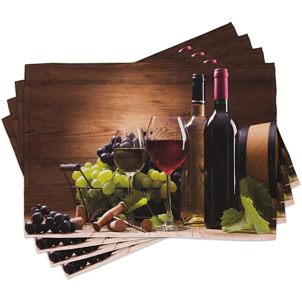 2/4pcs Elegant Brown Wine and Cheese Tasting Mat Set - 12x18 Inch Polyester Rectangular Table Mats with Grape & Wine Glass Design, Perfect for