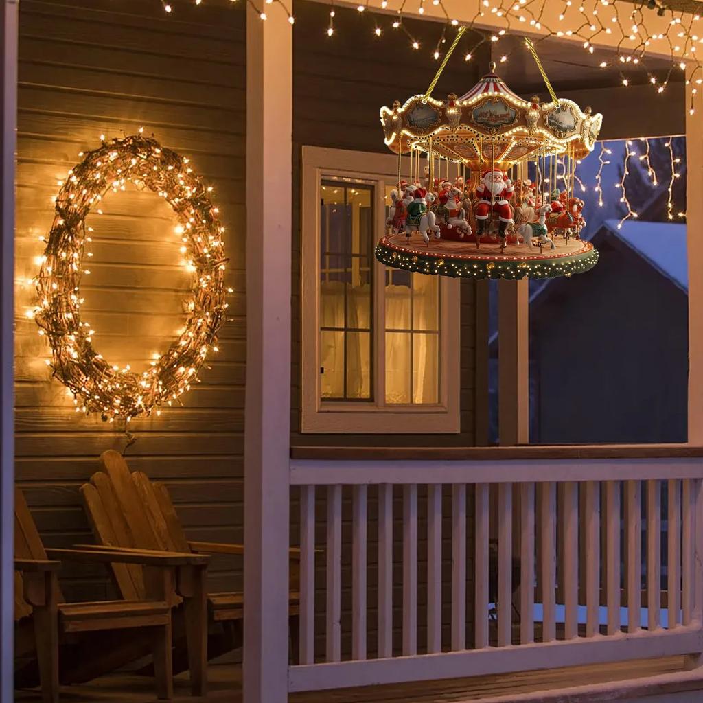 2D Santa Carousel Christmas Hanging Ornament Scene Traditional Festive Decoration Merry-Go-Round Christmas Ornaments Xmas Decor