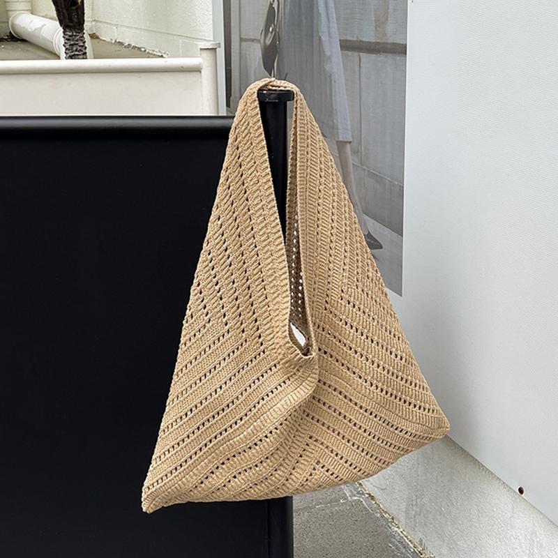 

Women Tote Knitting Handbag Triangle Design Woven Beach Bag Lightweight Elegant Portable Shoulder Bag Purse 46x2x45cm