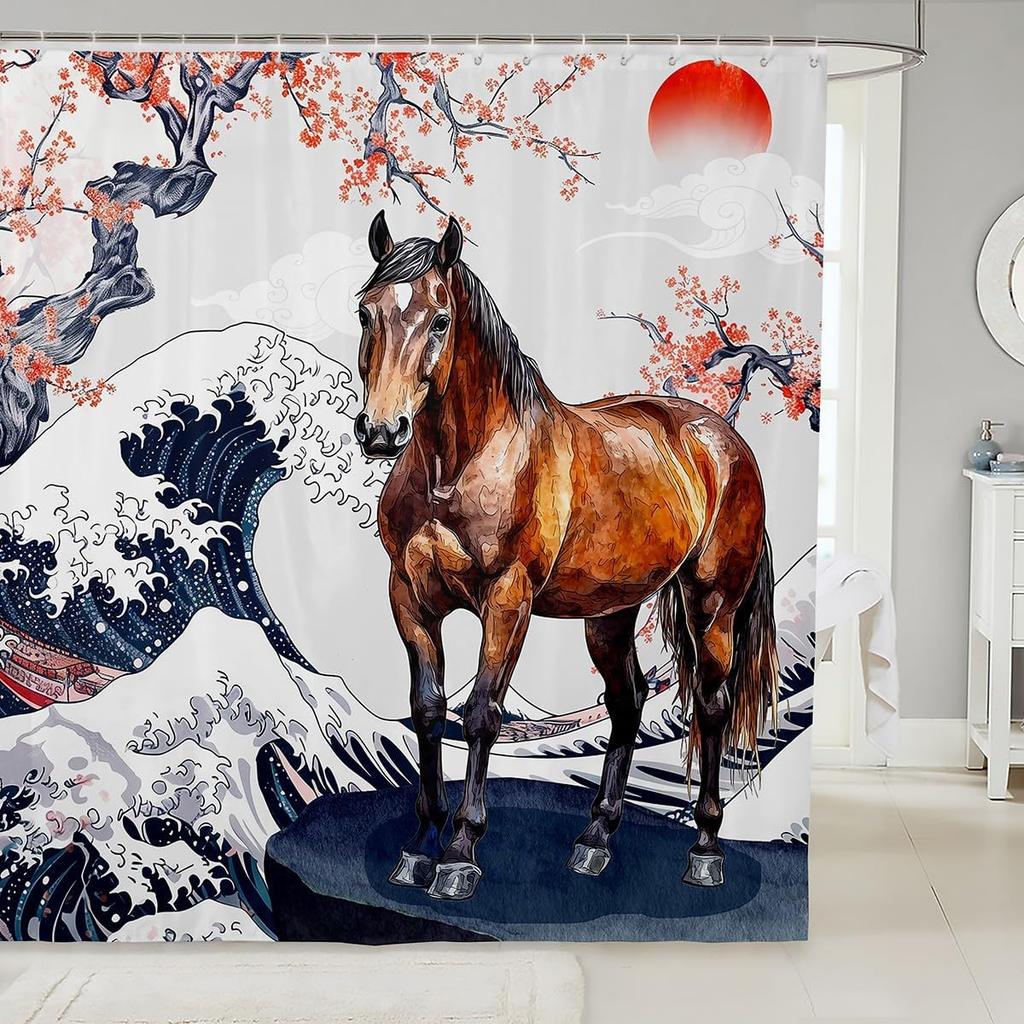 Cartoon Lion Shower Curtain for Kids Boys Girls Japanese Style Waterproof Bathroom Curtain, Vintage Ukiyoe Bath Curtain Ocean