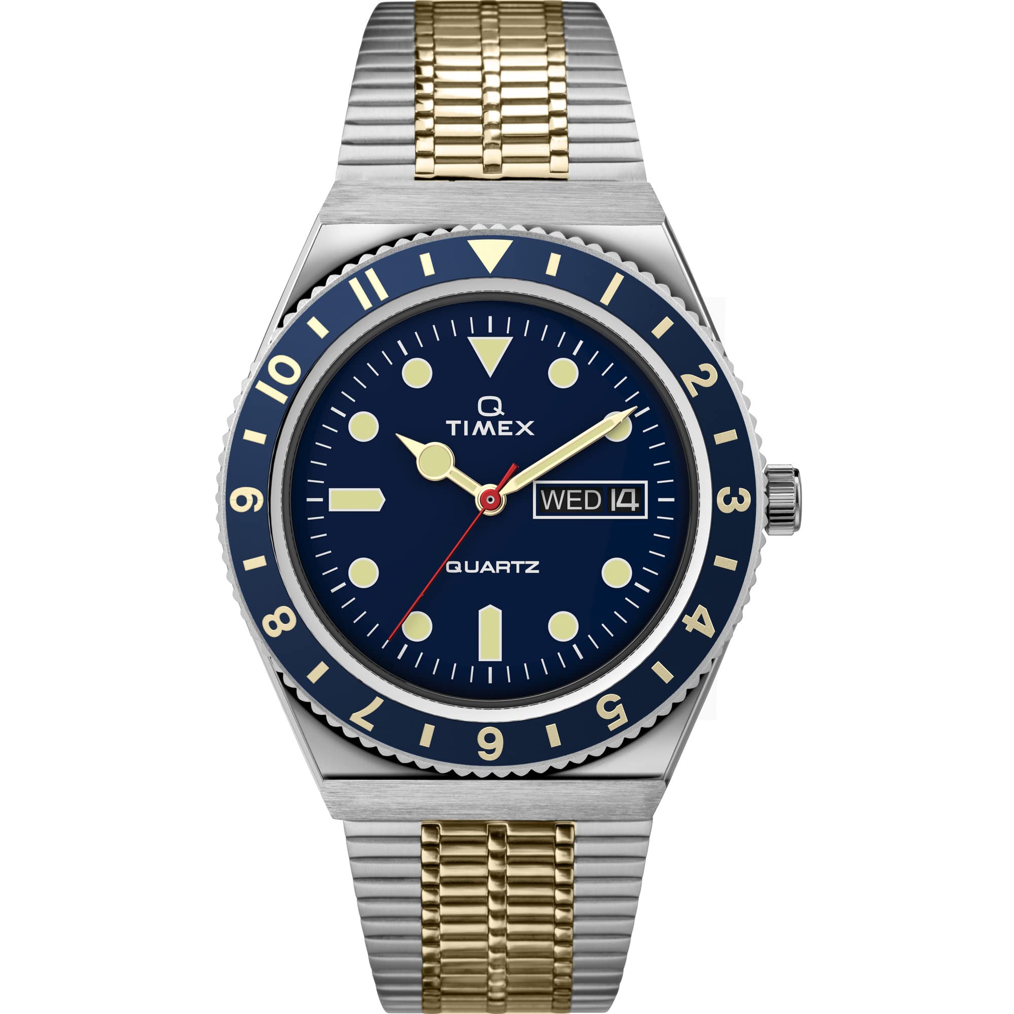 

Timex Q Men s 38mm Watch - Two Tone Case Blue Dial & Top Ring, Two Tone Stainless Steel Bracelet, Two Tone/Blue. , Diver.