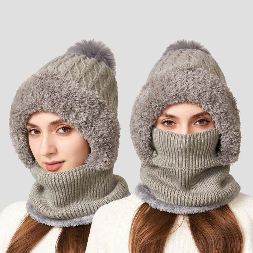 Plush Winter Cap Mask Set Solid Color Balaclavas Hat Fashion 2in1 Scarf Hat Ski