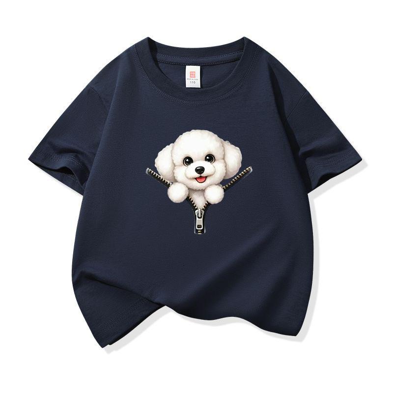 Kids Cotton T Shirt Cute Bichon Frise Puppy Dog Zipper Print Crew Neck Short Sleeve Tee Casual Boys Girls Summer Tops