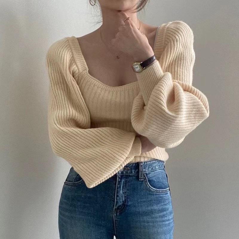 Women's Retro Square Neck Puff Sleeve Knit Top - Autumn/Winter Slimming Waist Long Sleeve Sweater