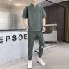 Traje casual de dos piezas de seda de hielo para hombre, pantalones de nueve puntos de verano, camiseta deportiva de manga corta bordada